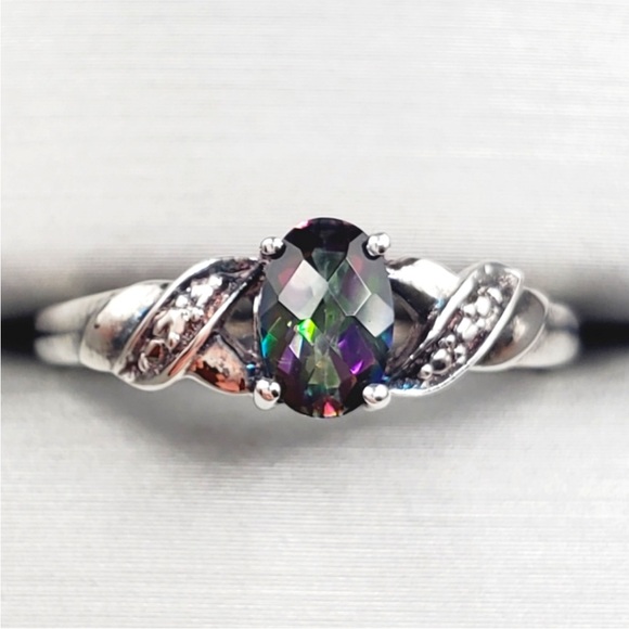 Genuine Oval Checkerboard Cut Mystic Topaz 925 Sterling Silver Ring